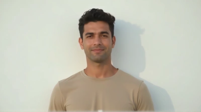 Individual Standing Upright Against Plain Background