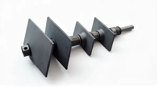 Mechanical component with interlocking steel and slate elements arranged diagonally on white background
