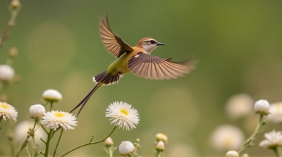 Iridescent Small Bird Hovering Near Flowers
