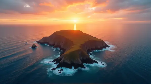Island Coastline at Dusk with Vibrant Horizon