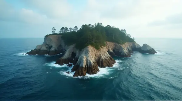 High-angle view of an island with rugged cliffs and sparse trees surrounded by gentle waves under a vast sky.