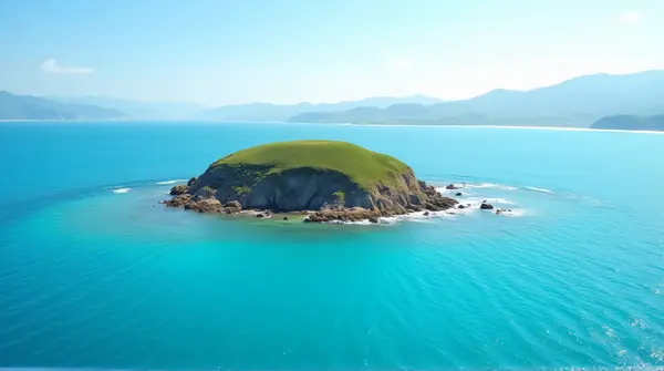 Isolated Island Surrounded By Vibrant Water And Hills
