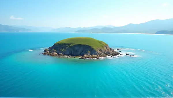 Isolated Island Surrounded By Vibrant Water And Hills