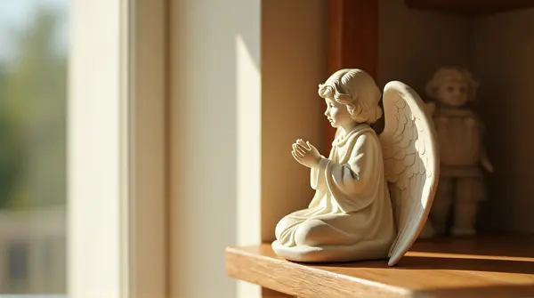 Ivory angel figurine resting on wooden shelf with soft natural light in a cozy room corner