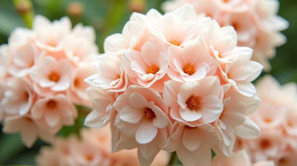 Top view of a dense cluster of pale blush and ivory blossoms with slender green stems under soft natural light.