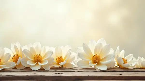 Ivory-colored blossoms scattered on a rustic wooden table viewed from above under a pale sky.