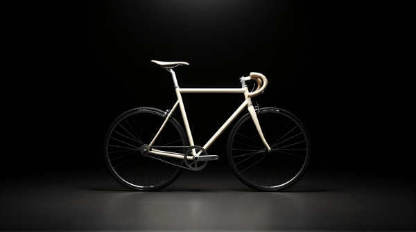 Ivory fixed-gear bicycle shown from low angle with soft overhead light reflections in a dark room.