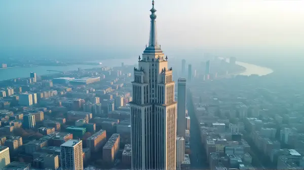 Aerial view of an ivory high-rise with pointed roofs surrounded by city buildings and winding roads under a blue horizon.
