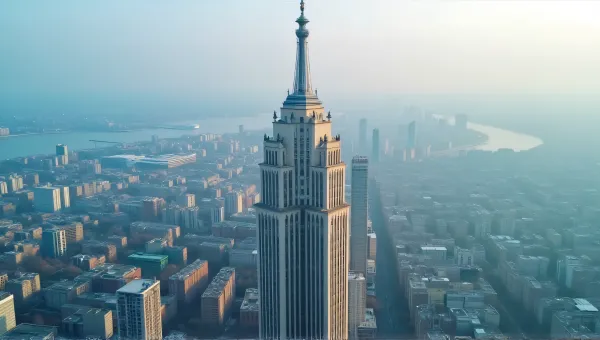 Ivory High-Rise With Pointed Roofs In Cityscape