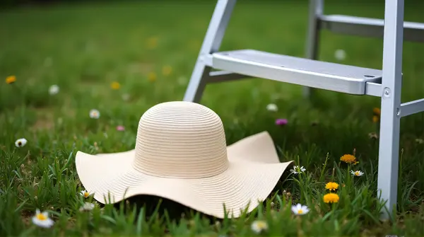 Ivory sun hat placed next to a metallic step ladder on a patch of turf with scattered wildflowers