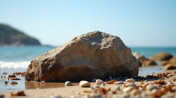 Close-up of a jagged boulder resting among pebbles and seaweed in a sunlit coastal area under clear sky