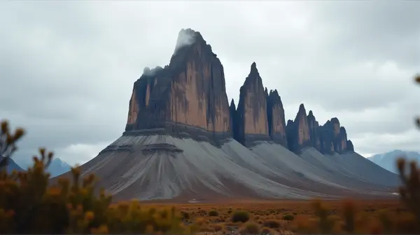 Tall jagged brown and gray peak beneath a dense overcast sky with sparse plants in foreground