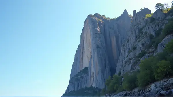 View from below of a tall cliff with sharp stone edges and some vegetation under a clear blue sky.