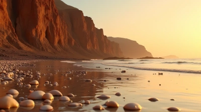 Jagged Earthy Cliffs Along Calm Shoreline At Sunset