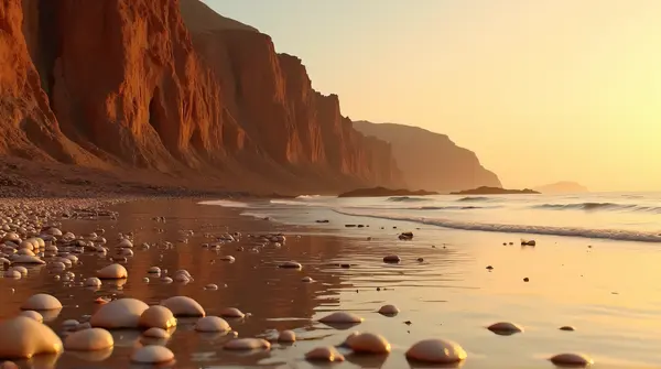 Jagged earthy cliffs rise sharply by calm water reflecting an orange sky with seashells in the foreground