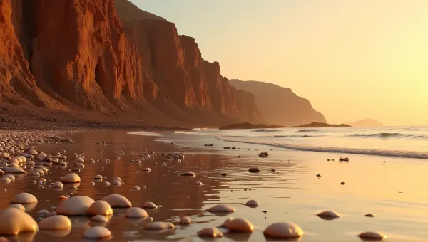Jagged Earthy Cliffs Along Calm Shoreline At Sunset