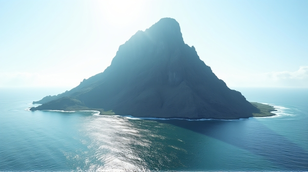 Jagged landmass sharply rises from a vast shimmering sea under a bright sky with gentle waves.