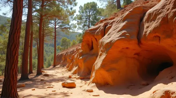 Low-angle view of jagged ochre stone outcrop beside tall leafy trees under clear sunlight