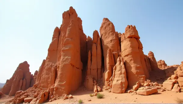 Jagged Ochre Stone Structures Under Clear Sky