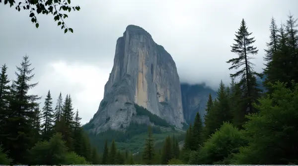 Towering jagged rock formation beside dense leafy forest under a gray sky