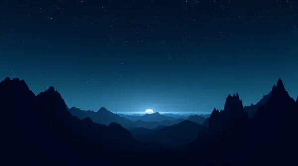 Jagged mountain peaks framed against a deep indigo sky filled with shimmering celestial bodies from a low angle view.