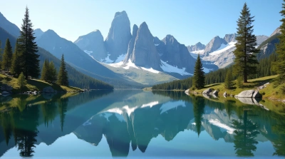 Jagged Peaks Mirrored In Alpine Pond With Pines