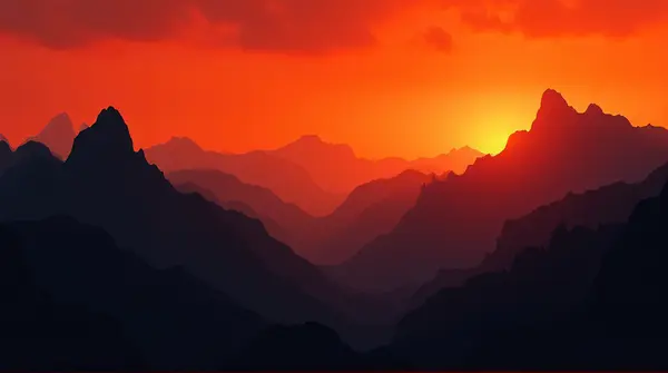 Jagged Peaks Silhouetted Against Fiery Sky
