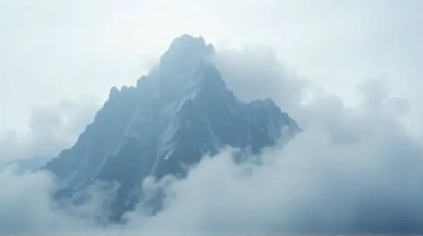 Jagged ridges piercing through a thick swirling vapor layer under soft diffused light.