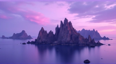 Jagged Rock Formations With Purple Sky Reflection