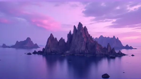 Jagged rocks rising from calm water reflecting purple and lavender hues under a swirling violet sky