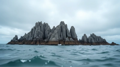 Jagged Rocks Textured Against Expansive Water Under Clouds