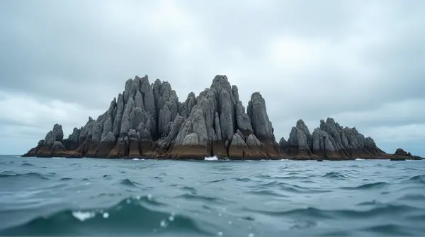 Jagged rocks rise sharply against a wide water surface beneath a cloudy sky, highlighting texture and size from a low angle.