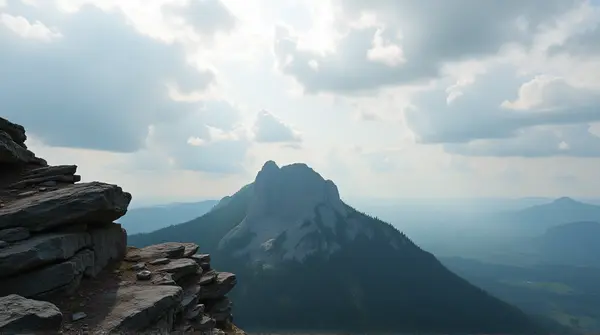 Rocky peak with sharp edges above a vast tree canopy under swirling white and gray clouds in diffused daylight
