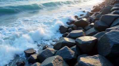 Jagged Slate Boulders With Foamy Sea Spray