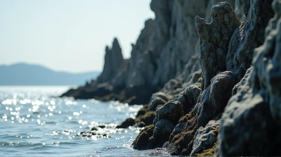 Jagged Stone Cliffs Rising Along Shimmering Lake