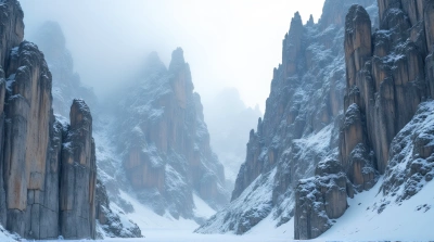 Jagged Stone Cliffs With Thick Frost Layers