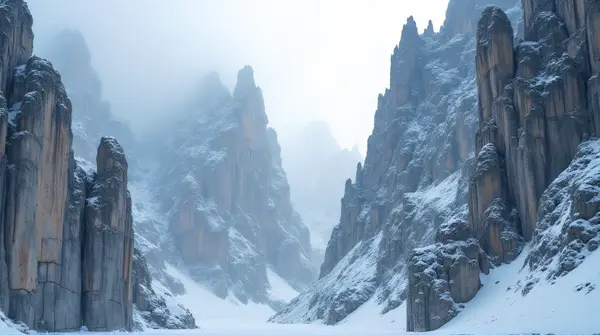 Low-angle view of jagged stone cliffs layered with thick white frost against a muted sky