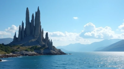 Jagged Stone Cluster Near Shimmering Lake Under Blue Sky