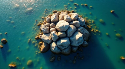 Jagged Stone Cluster Surrounded by Reflective Liquid