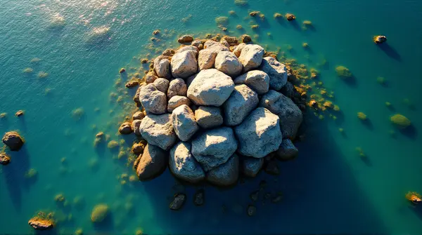 Aerial view of jagged stones encircled by a reflective liquid under soft sunlight highlighting textures and color contrasts