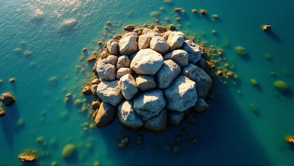 Jagged Stone Cluster Surrounded by Reflective Liquid