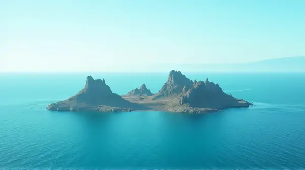 Cluster of jagged stone pillars rising from turquoise ocean under soft daylight and clear horizon