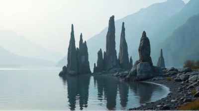 Jagged Stone Pillars Rising From Tranquil Lake Morning
