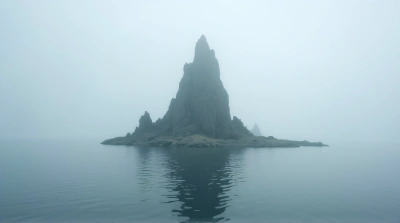 Jagged Stone Structure In Misty Lake Environment