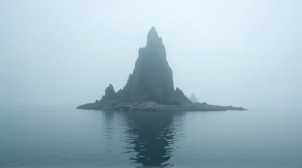 Jagged Stone Structure In Misty Lake Environment