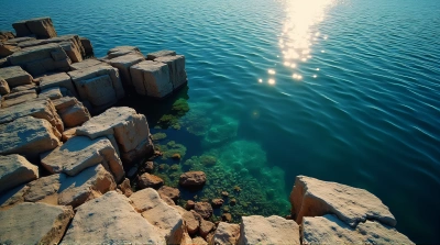 Jagged Stone Structures By Shimmering Lake Surface