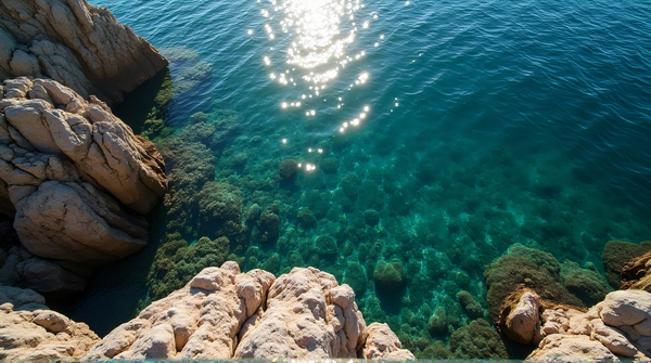 Top-down view of sharp stone formations beside a shimmering lake with sunlight creating shadows and reflections