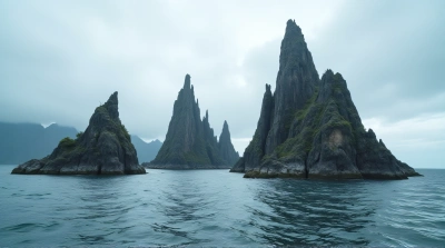 Jagged Stone Structures Towering Over Rippling Lake