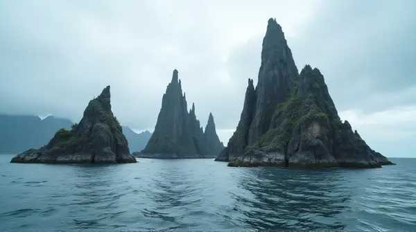 Sharp jagged stone structures rising steeply from a rippled lake under a cloudy sky