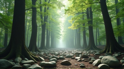 Jagged Stones Beneath Slender Tree Canopy